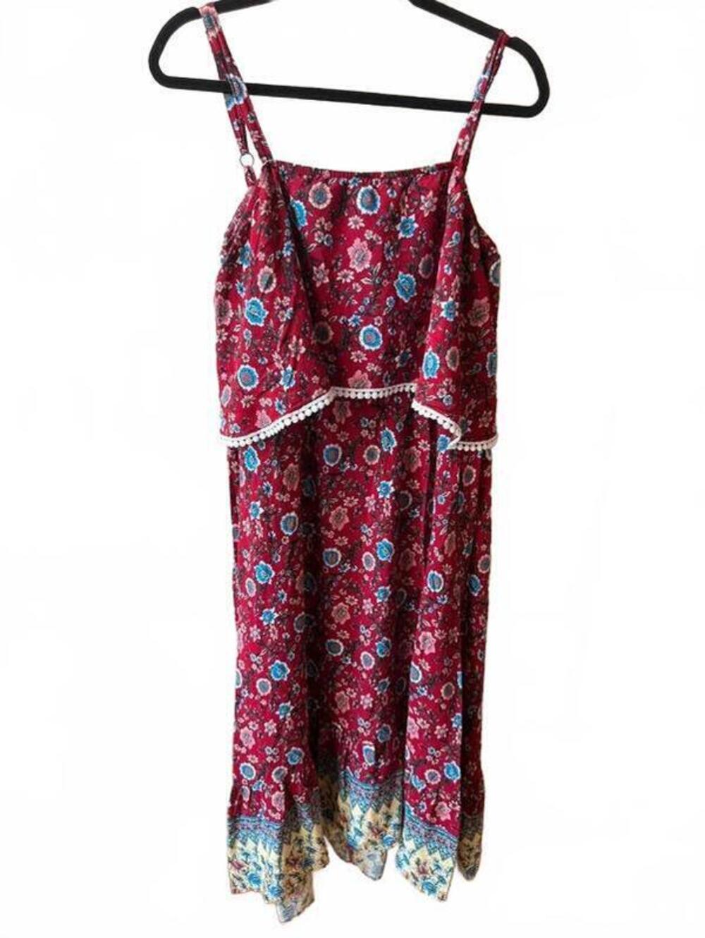 Bohemian Style Burgundy Floral Midi Dress with Blue and Cream Accents